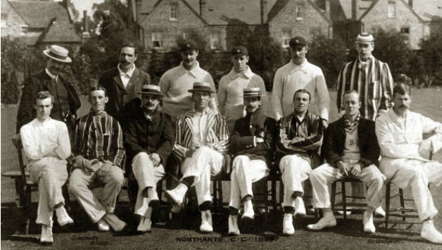 Northamptonshire cricket team, 1905. Back, from left: Leo Bullimer (scorer), George Thompson, Billy East, Mark Cox, William Wells, Alexander Thompson Front, from left: Roger Hawtin, Lancelot Driffield, Charlie Smith, Thomas Horton (c), Charlie Pool, Edmund Crosse, Harold Simpson, Henry Hawkins © Getty Images
