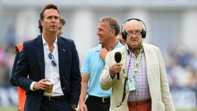 Ex England captain's Michael Vaughan (l) Alec Stewart look with Commentator Henry Blofeld © Getty Images