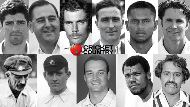Top row, from left: Alastair Cook, Colin Cowdrey, Greg Chappell, Denis Compton, Shivnarine Chanderpaul, Chris Cairns Bottom row, from left: Hanson Carter, Tibby Cotter, Stuart Clark, Colin Croft, BS Chandrasekhar © Getty Images