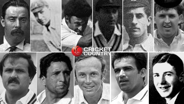 Top row, from left: George Ulyett, Billy Zulch, Qasim Umar, Polly Umrigar (c), Billy Quaife, Tim Zoehrer (wk) Bottom row, from left: Iqbal Qasim, Abdul Qadir, Derek Underwood, Zaheer Khan , Neville Quinn © Getty Images and Wikimedia Commons