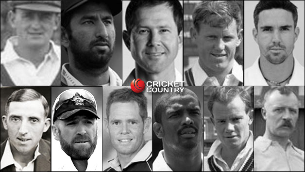 Top row, from left: Bill Ponsford, Cheteshwar Pujara, Ricky Ponting (c), Graeme Pollock, Kevin Pietersen Bottom row, from left: Eddie Paynter, Matt Prior (wk), Shaun Pollock, Vernon Philander, Peter Pollock, Bobby Peel © Getty Images