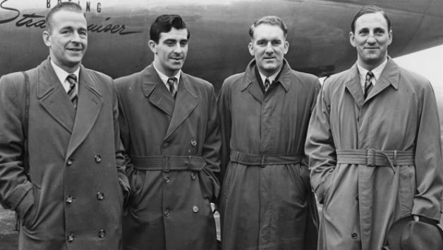 From left: Willie Watson, Fred Trueman, Johnny Wardle, and Len Hutton — Yorkshiremen all — ahead of boarding the flight for West Indies months before the incident © Getty Images