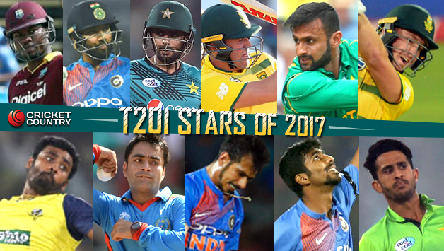Top, from left: Evin Lewis, Rohit Sharma, Babar Azam, AB de Villiers, Shoaib Malik, David Miller Bottom, from left: Thisara Perera, Rashid Khan, Yuzvendra Chahal, Jasprit Bumrah, Hasan Ali.