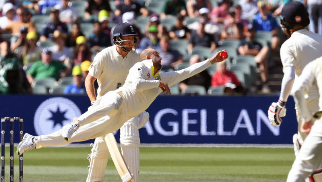 Jumping to his left, midway through his follow-through, Lyon flew to his right to take what may be the catch of the series © Getty Images