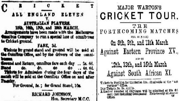 Left: Advertisement of first Test ever, between Australia and England, at Melbourne in 1877 (courtesy: Melbourne Herald). Right: Advertisement of first Test on South African soil, against England at Port Elizabeth in 1888-89 (courtesy: Wikimedia Commons)