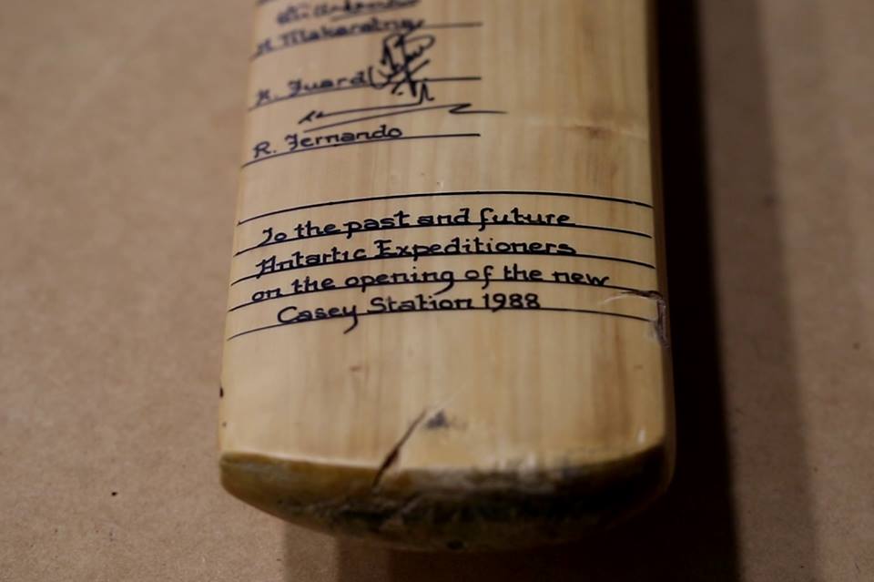The bat bears an inscription to expeditioners in Antarctica.