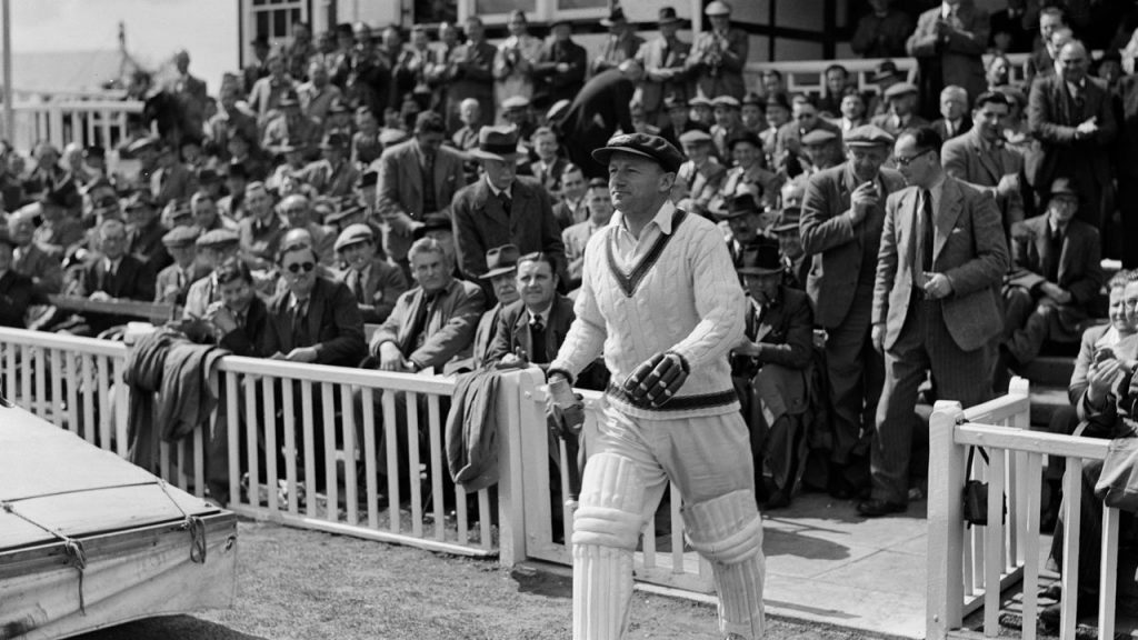 Bradman stepping out to bat against England